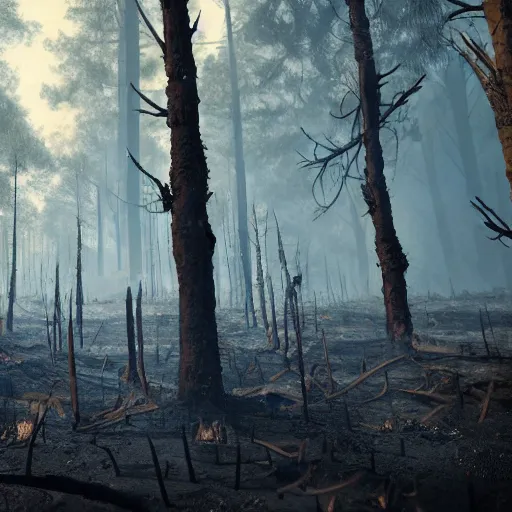 Image similar to a burned lifeless forest, with burned trees, concept art, cinematic, Christian Alzmann on ArtStation, CGSociety, Unreal Engine
