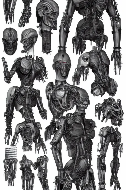 Image similar to cyborg cyclopes with gunmetal grey skin, medical anatomy, cyberpunk face, highly detailed, japanese, mecha asthetic, mechanical implants, three - view reference sheet ( front / back / side ), in the style of dan ouellette, dren from splice, hr giger, sil from species, artstation, unreal engine