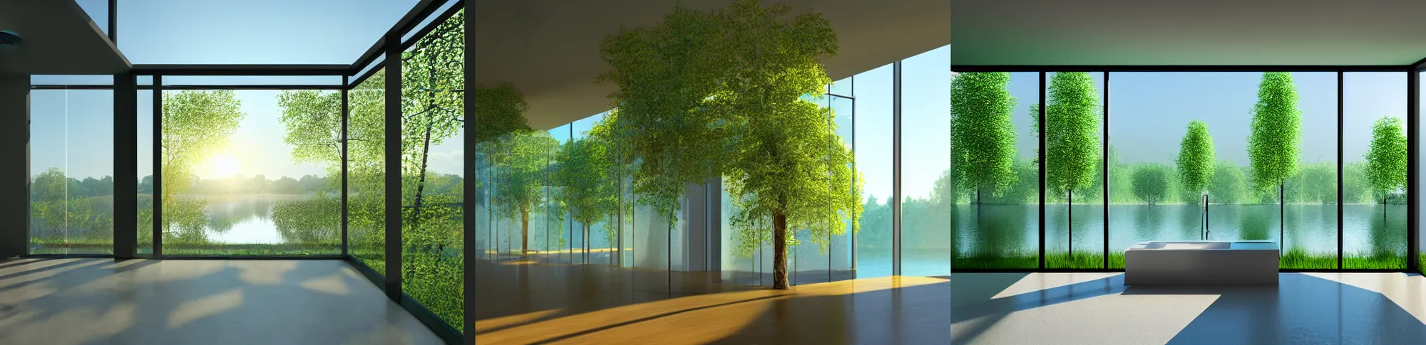 Prompt: a room, sunlight, glass walls, water levels, trees, shrubs, flowers, warm and calm, ultra detailed, V-ray, archviz rendering, smooth colors,