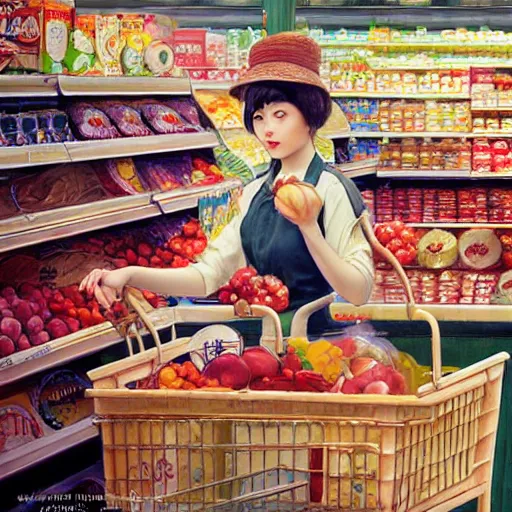 Prompt: buying groceries, by wlop, artgerm, elvgren, mucha