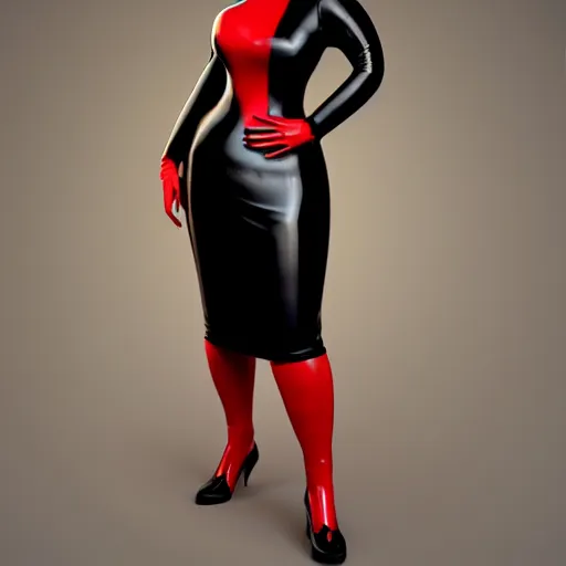 Image similar to a curvy pale goth woman wearing an elegant modest tight shiny red-black striped latex high-neck dress, cgsociety, photorealistic, sublime-cool-hot-hyperadvanced, 16k, smooth, sharp focus, trending on ArtStation, volumetric lighting, fully clothed, thin waist