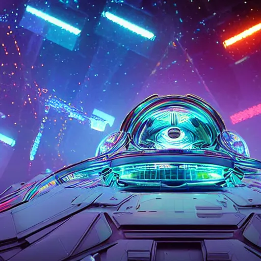 Image similar to 3 d rendered movie still colorful shiny pearlescent robots ( ( cat ) ), disco music, disco balls, dance - off, space battles. explores cosmos in a super awesome space ship. science fiction blockbuster movie, imax 7 0 mm. bladerunner, silent running, wall - e