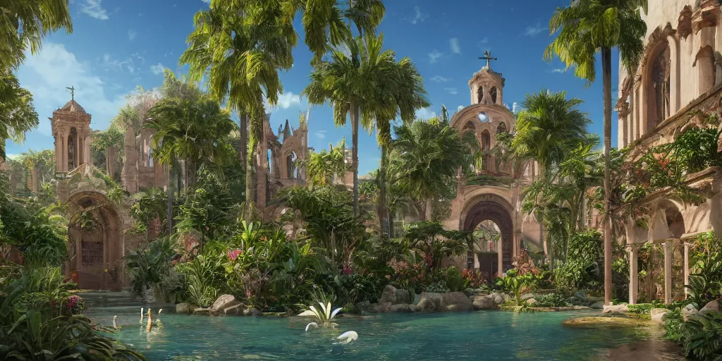 Image similar to cathedral interior with koi pond in the middle surrounded by palm trees, ivy, flowers, tropical plants, roses, and with archways. rendered in octane render with photorealistic lighting, fantasy concept art by tyler edlin, antoine blanchard, thomas cole