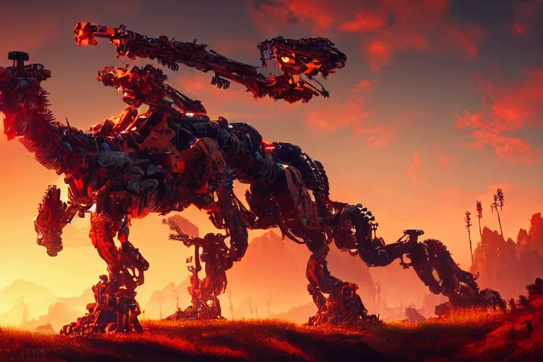 Image similar to fireclaw machine mecanical creature robot of horizon forbidden west horizon zero dawn bioluminiscence global illumination ray tracing hdr fanart arstation by ian pesty and alena aenami artworks in 4 k