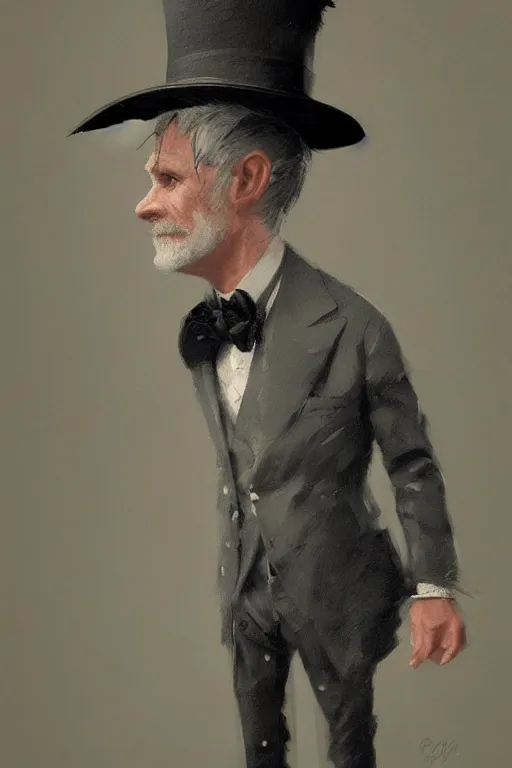 Image similar to a grey hair halfling with stubble top hat and suit by Greg Rutkowski, painting, portrait, high details, trending on artstation