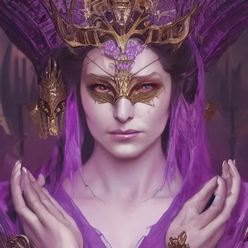 Prompt: an extremely detailed matte painting of a demon queen in a resplendant and beautiful purple dress as a masquerade ball, epic fantasy, viewed in profile from far away, sharp focus, detailed face, art by greg rutkowski and alphonse mucha, volumetric lighting, 4 k resolution, artstation