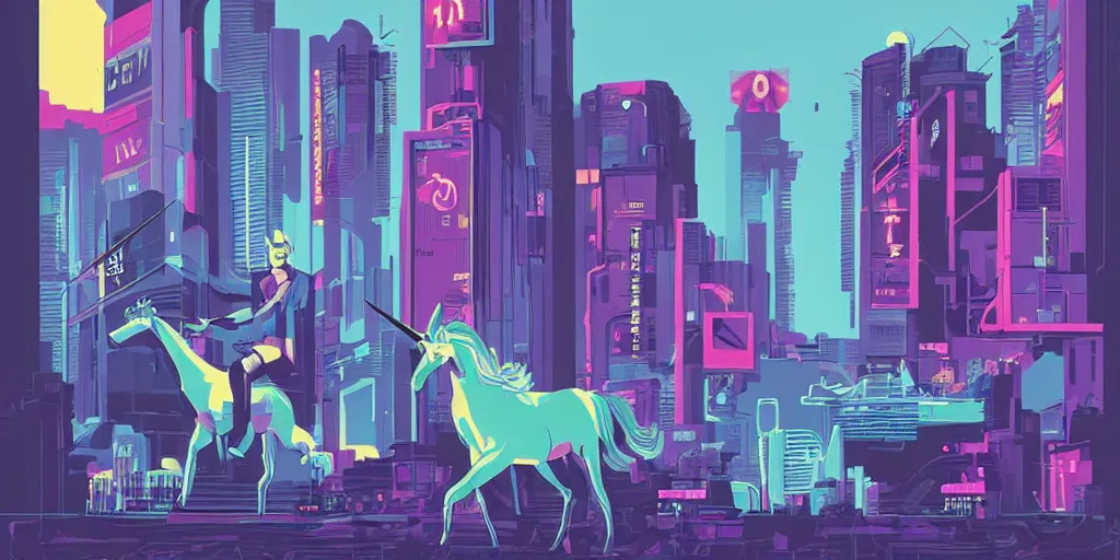 Image similar to unicorn in a futuristic cyberpunk town. By Tom Whalen, highly detailed