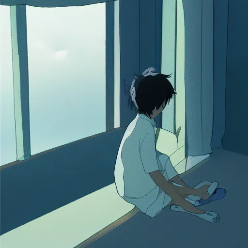 Image similar to A lonely child cries because it has no friends, Makoto Shinkai style, interior, sunset out the window