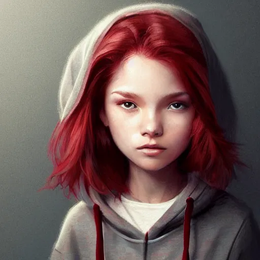 Image similar to a cute tiny girl with short red hair wearing a hoodie, digital art, very beautiful face, pretty face, very detailed eyes, full body illustration, 8 k resolution, soft painting, by greg rutkowski, wlop, rossdraws,