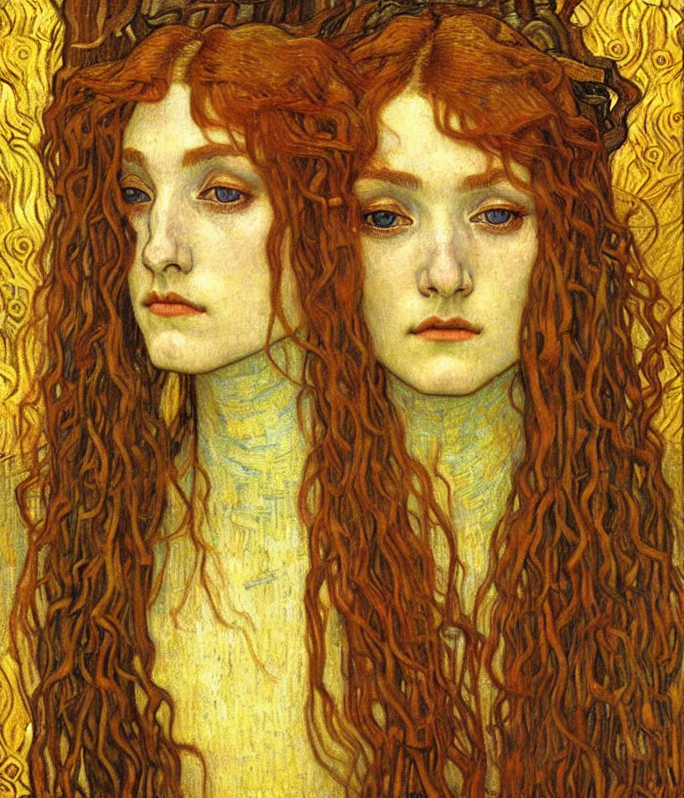 Image similar to detailed realistic beautiful young medieval queen face portrait by jean delville, gustav klimt and vincent van gogh, art nouveau, symbolist, visionary, gothic, pre - raphaelite, muted earthy colors, desaturated