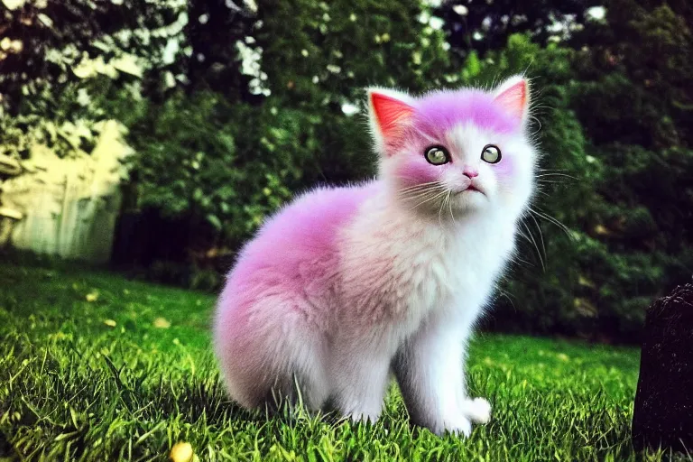 Prompt: real life mew pokemon, cute!!!, heroic!!!, adorable!!!, playful!!!, chubby!!! fluffly!!!, happy!!!, cheeky!!!, mischievous!!!, ultra realistic!!!, spring time, slight overcast weather, golden hour, sharp focus