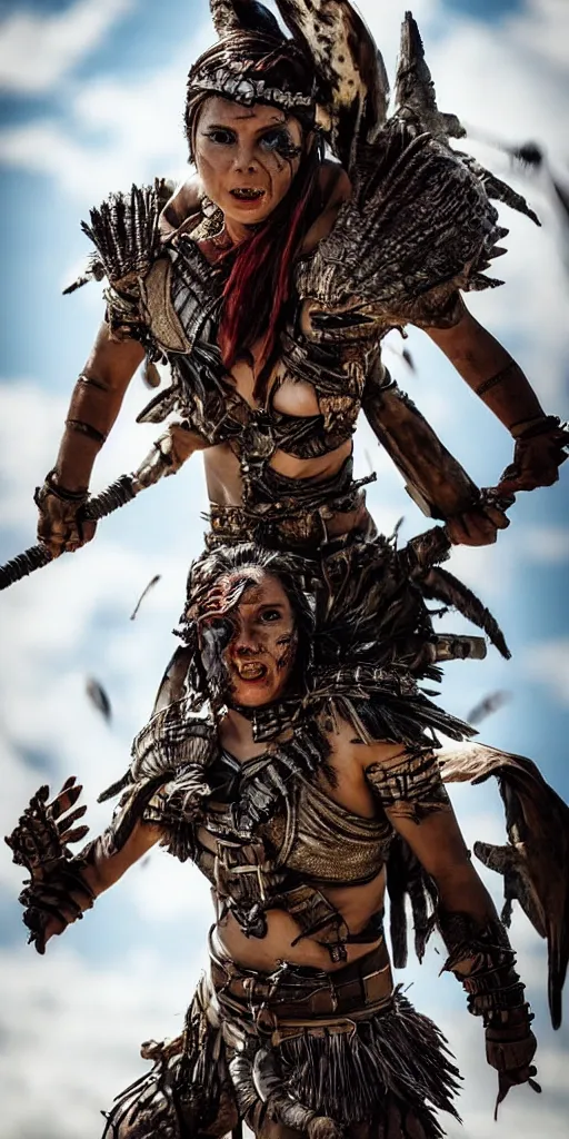 Image similar to fighting in air shaman tribeswoman, destroyed armor parts fly away, inspired by monster hunter, low shot, muscular body, symmetrical face, clean face, subtle make up, destruction around her, frozen time,dramatic lighting, cinematic, establishing shot, extremely high detail, photorealistic, 300 the movie,monster hunter the movie, dune the movie, cinematic lighting, artstation, octane render, western,old photo, vintage