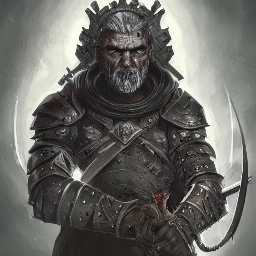 Image similar to illuminated portrait of an old warrior, black armor, greatsword, grey hair, scars, digital illustration, high fantasy, detailed face, colorful, frank frazetta, sharp focus