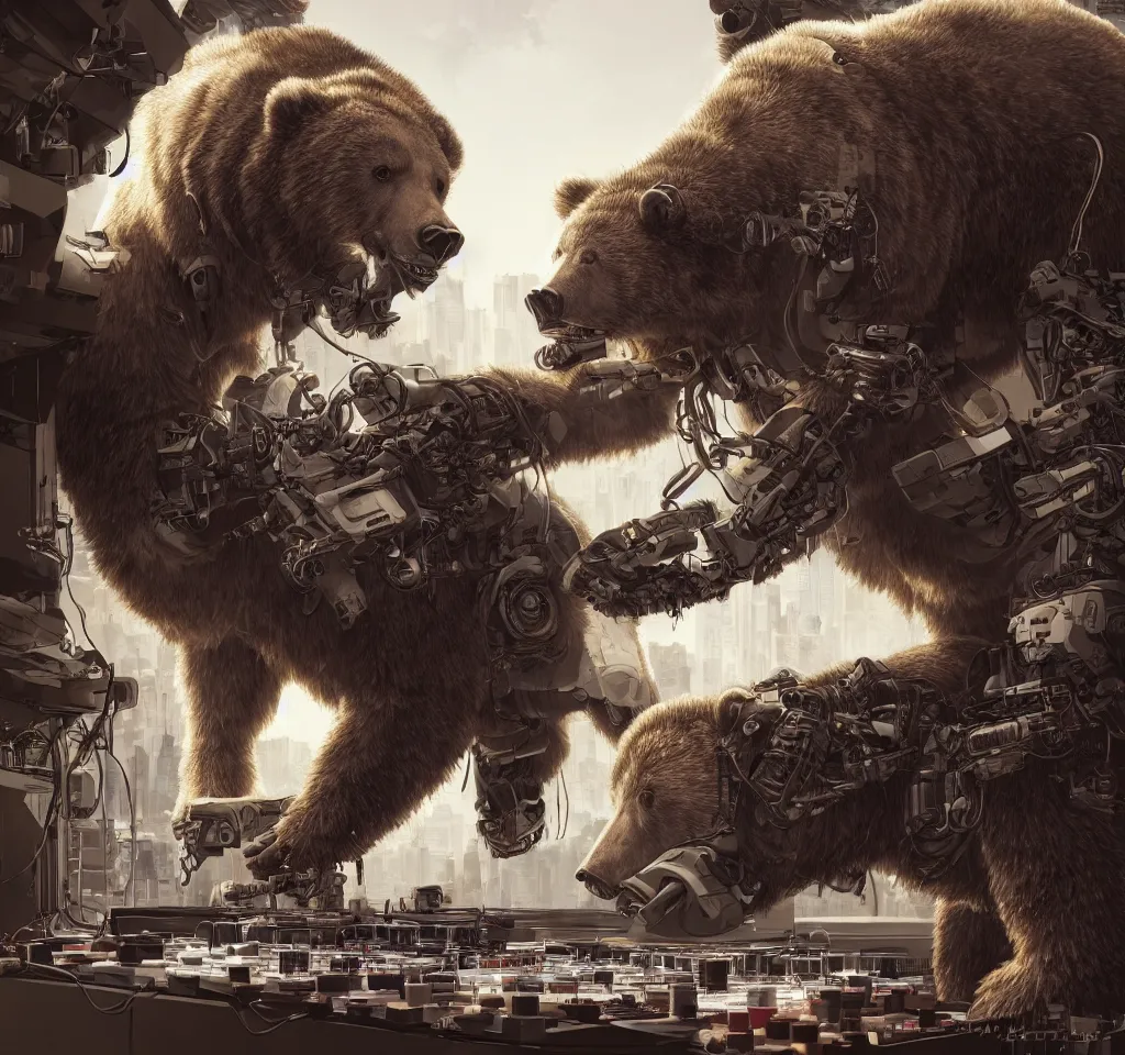 Image similar to a cyborg grizzly bear dj mixing records on stage by ilya kuvshinov, masamune shirow, gary houston, art germ, krenz cushart, tomasz alen kopera, photorealistic, highly detailed, illustration, lifelike, highly detailed, intricate, octane render, sharp focus, cyberpunk,