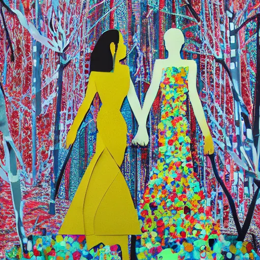 Image similar to paper collage art made of cut up magazines depicting two women holding hands in a trippy forest