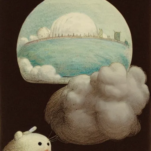 Image similar to candid portrait of white ball with a human face speaking, surrounded by clouds, illustrated by peggy fortnum and beatrix potter and sir john tenniel