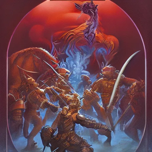 Prompt: The Ignoble Warrior, cover art by Michael Whelan