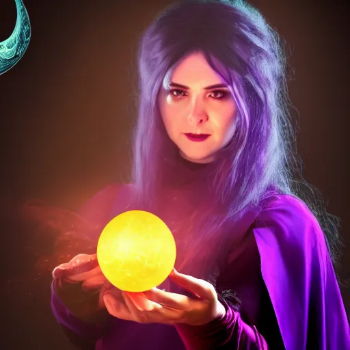 Prompt: a female warlock casting a magic spell, a small floating orb by her side, purpleish aura, d & d, fantasy, magic, hdr, studio lighting, mucha style,