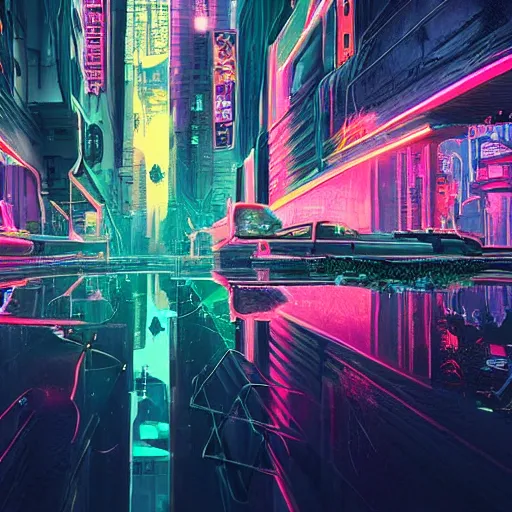 Image similar to a humongous neon city abandoned on a cyberpunk biome, digital art, wet reflections, intricate details, fantasy, hyper realism, humongous view, rtx, smooth, cinematic