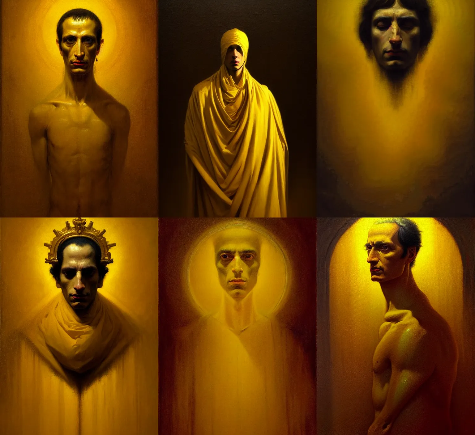 Prompt: neoclassical portrait of the king in yellow, by jacques - louis david, by greg rutkowski, by zdzisław beksinski, by josep tapiro baro, trending on artstation, featured on pixiv, masterpiece, oil on canvas, cinematic composition, dynamic beautiful lighting,