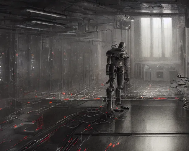 Image similar to gloomy colossal ruined server room in datacenter robot figure automata headless drone robot knight welder posing pacing fixing soldering mono sharp focus, emitting diodes, smoke, artillery, sparks, racks, system unit, motherboard, by pascal blanche rutkowski artstation hyperrealism cinematic dramatic painting concept art of detailed character design matte painting, 4 k resolution blade runner