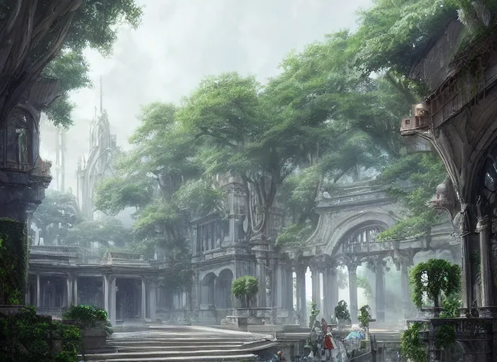 Prompt: A wide open courtyard in a beautiful elven city made of white marble, anime, lush trees, fountain, a fantasy digital painting by Greg Rutkowski and James Gurney, trending on Artstation, highly detailed