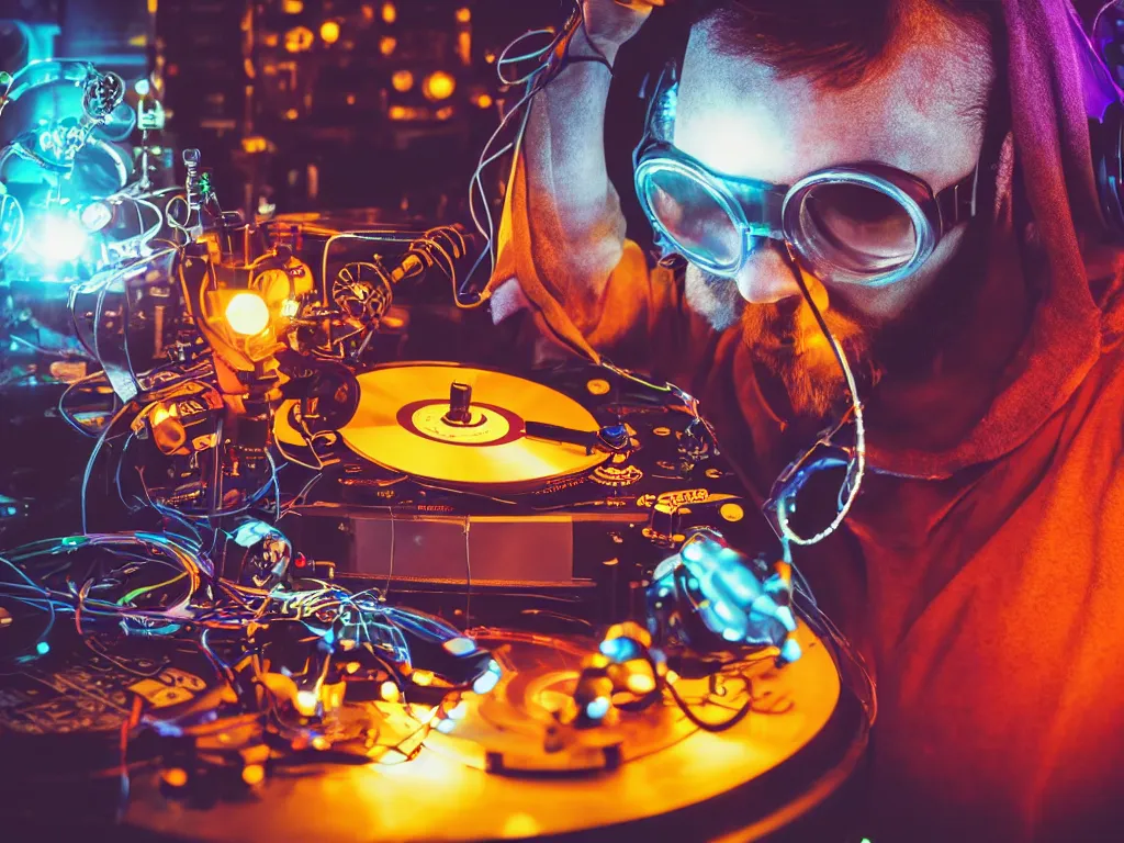 Image similar to a person wearing goggles and visor and headphones using a steampunk record player contraption, wires and tubes, turntablism dj scratching, intricate planetary gears, cinematic, imax, sharp focus, leds, bokeh, iridescent, black light, fog machine, hazy, lasers, hyper color digital art, cyberpunk