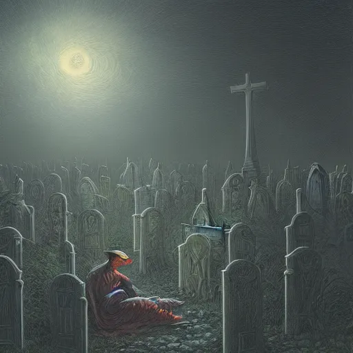 Image similar to a man floating in a cemetery at night, by Dan Seagrave and by Dan Witz, glossy digital painting, fantasycore