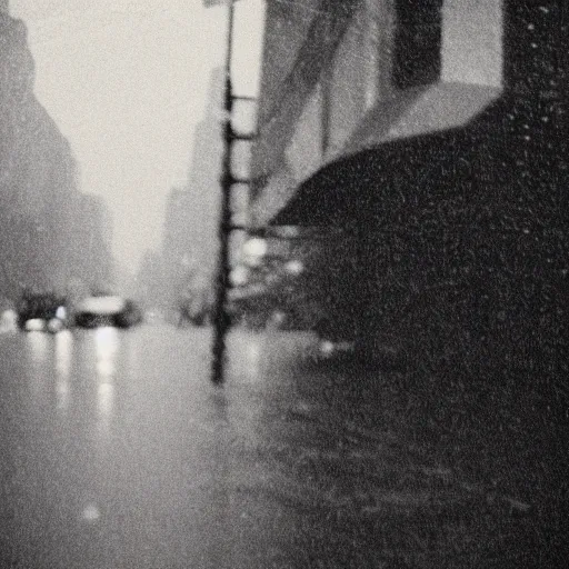 Prompt: grainy abstract experimental expired film photo of a sad retro robot, in 1920s New York City by Saul Leiter, 50mm lens, black and white, reflection, rain drops, cinestill 800t