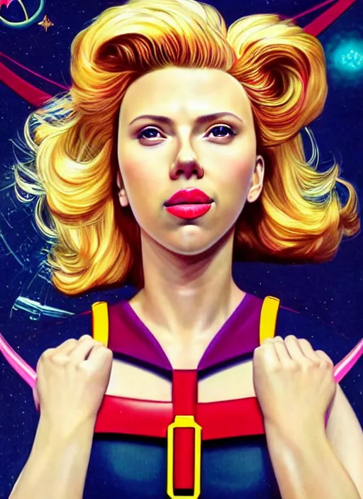 Image similar to perfectly centred realistic picture of scarlett johansson as a sailor moon, calls on the phone at futuristic office, highly detailed, 8 0 - s style poster, sharp focus, illustration, art by jonathan yeo,