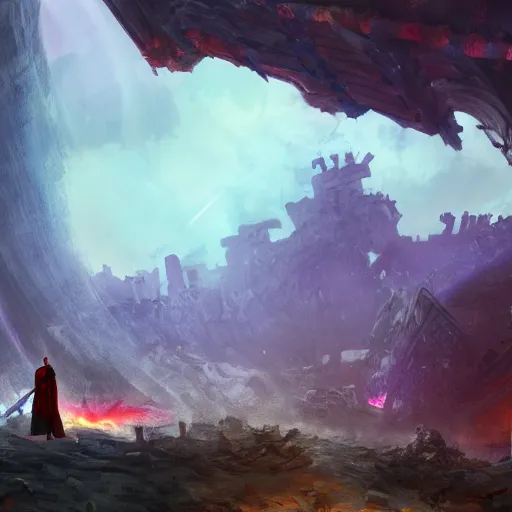 Prompt: a still of a samurai standing in the ruins of crux prime, destroyed castle, purple and blue fiery maelstrom in the distance, digital art, artstationhq