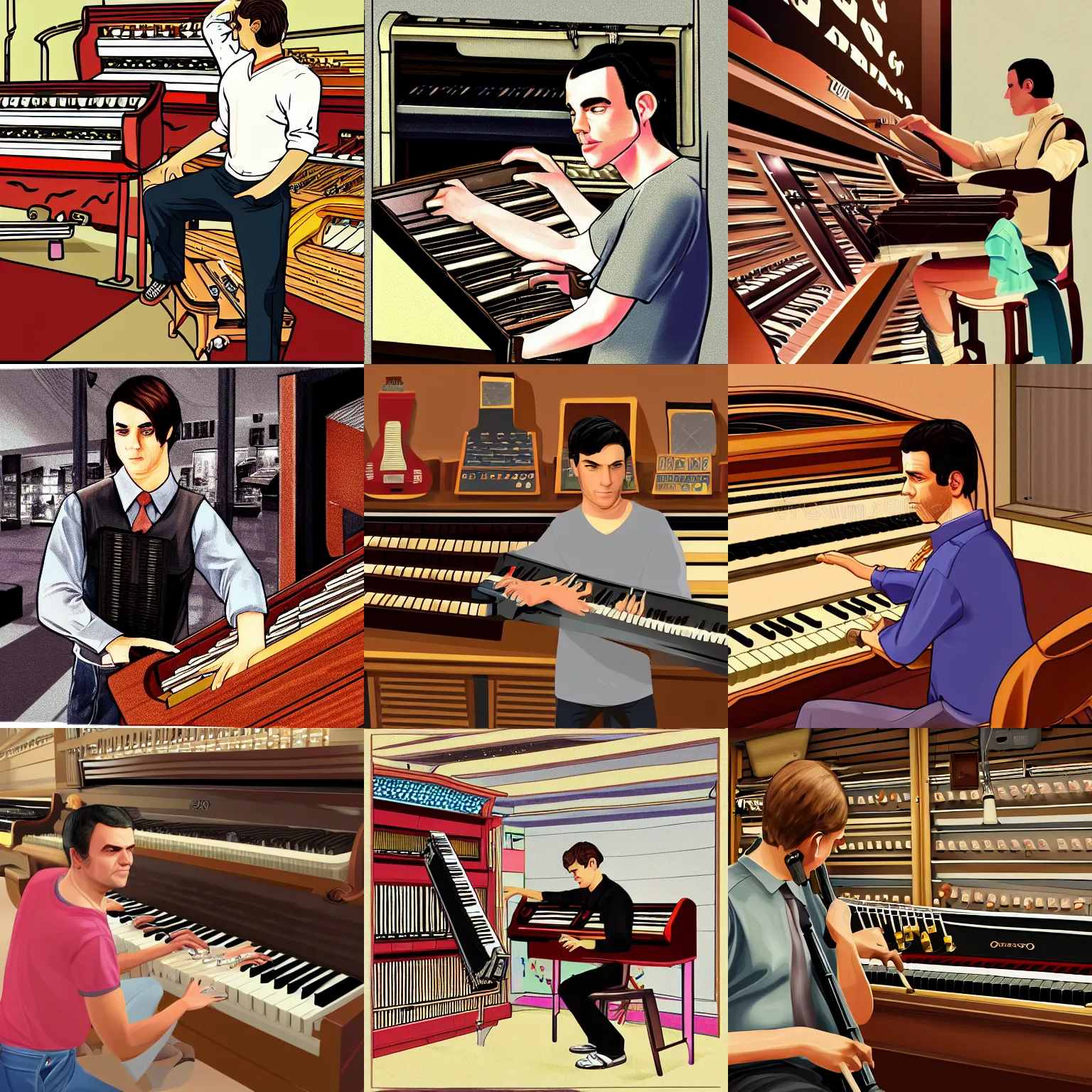 Prompt: GTA V illustration of white teenager with black hair playing an organ in a 1990s instrument shop, cover of GTA V