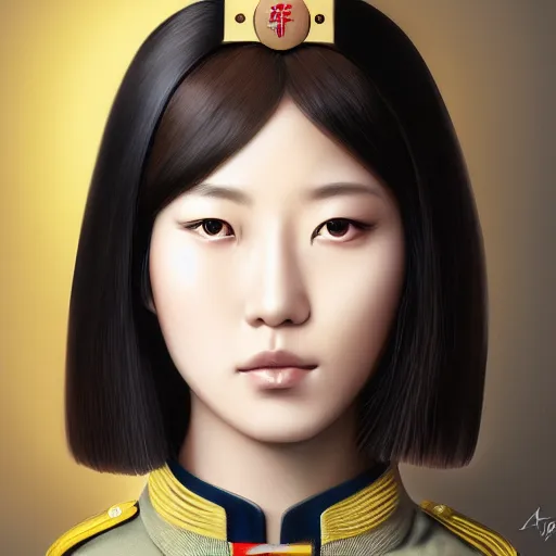 Image similar to portrait of beautiful japan woman soldier in uniform, by artgerm, nick silva, ja mong, greg rutkowsky, digital, soft painting, photorealism, skin reflections