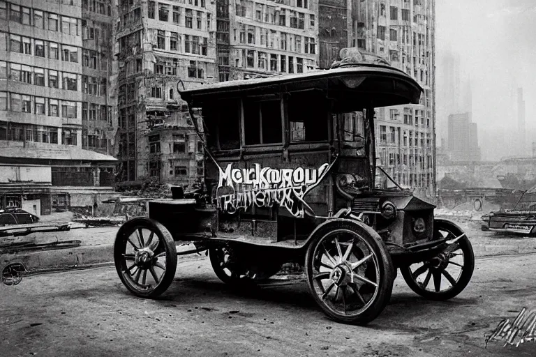 Image similar to cyberpunk 1 9 0 8 model ford t by paul lehr, metropolis, parked by view over city, vintage film photo, robotic, black and white photo