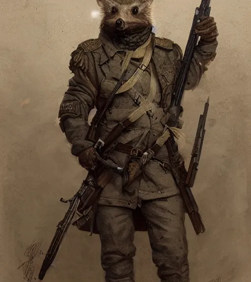 Prompt: anthropomorphic hedgehog, hedgehog as a war general in a commander outfit, holding a large wooden stocked rifle, in the style of greg rutkowski, symetrical, oryantalist, photo realistic, 8k, epic, ultra detailed, by Gustave Doré, by Marco Turini, by Artgerm, Deviantart in the style of Tom Bagshaw, Cedric Peyravernay, Peter Mohrbacher by William-Adolphe Bouguereau, by frank frazetta, symetrical features, joyful