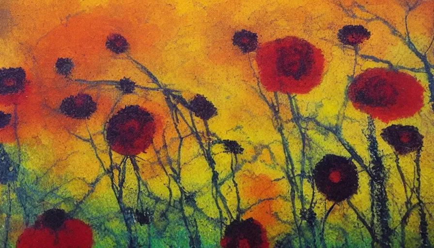 Image similar to black resin flowers, yellow earth, red sky, impressionism