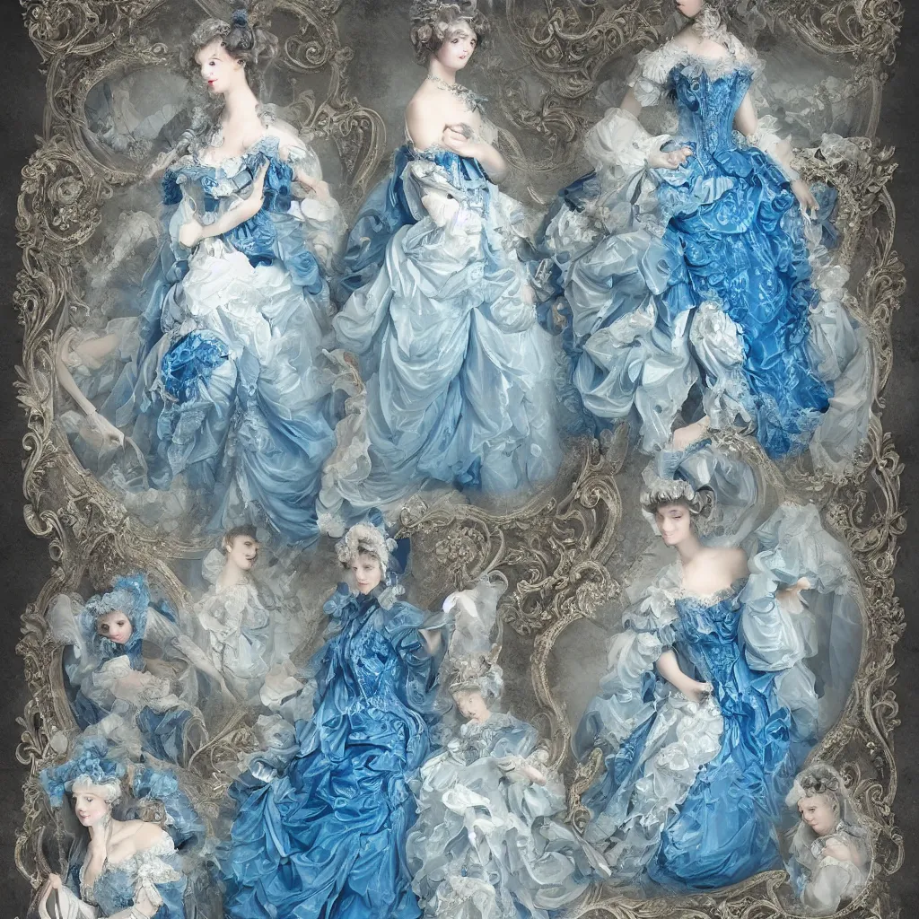 Prompt: Bluedress design in the style of rococo ，Victorian era，jellyfish element，dreamy, soft ,Backlight ,luminescence，highly detailed,8k