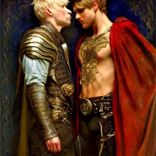 Image similar to stunning arthur pendragon in love with stunning male merlin the mage. they are close to each other. highly detailed painting by gaston bussiere, craig mullins, j. c. leyendecker