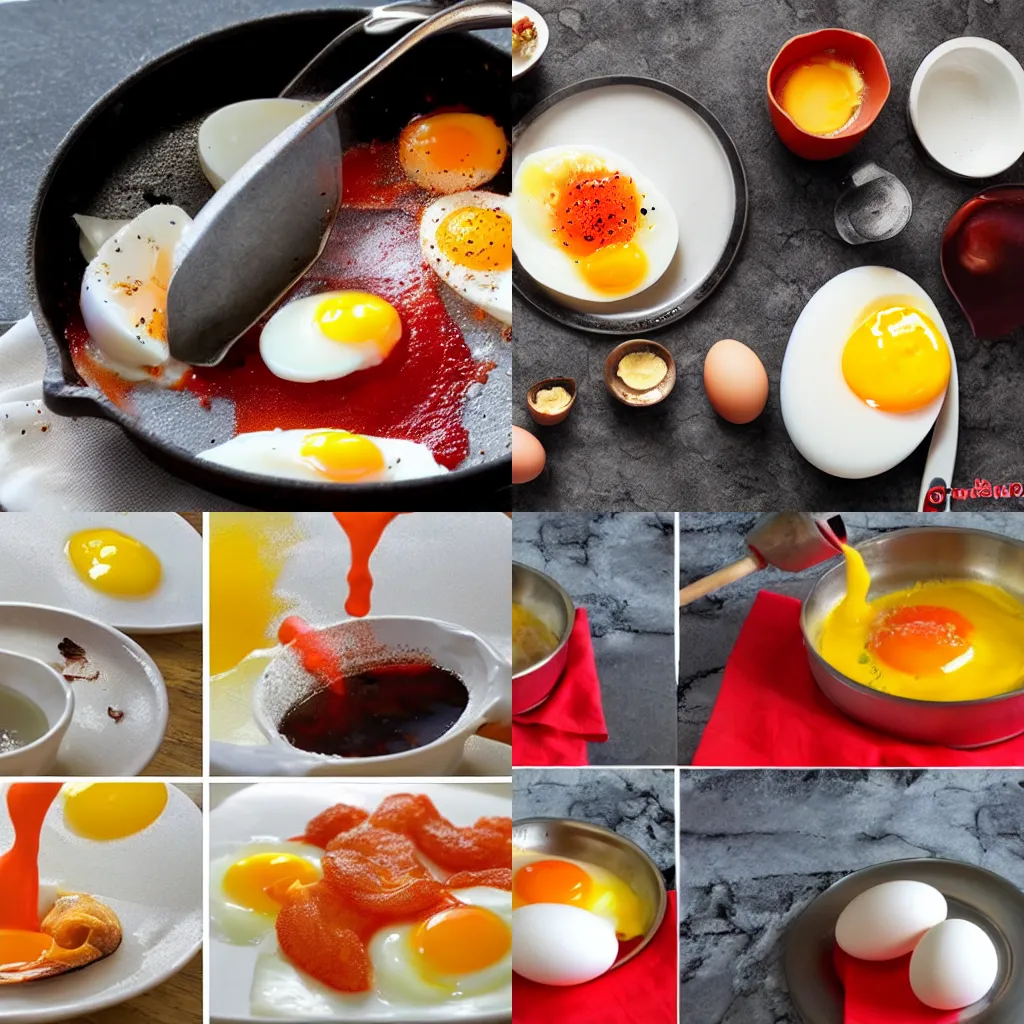 Prompt: pouring boiling hot lava over eggs (breakfast tricks)