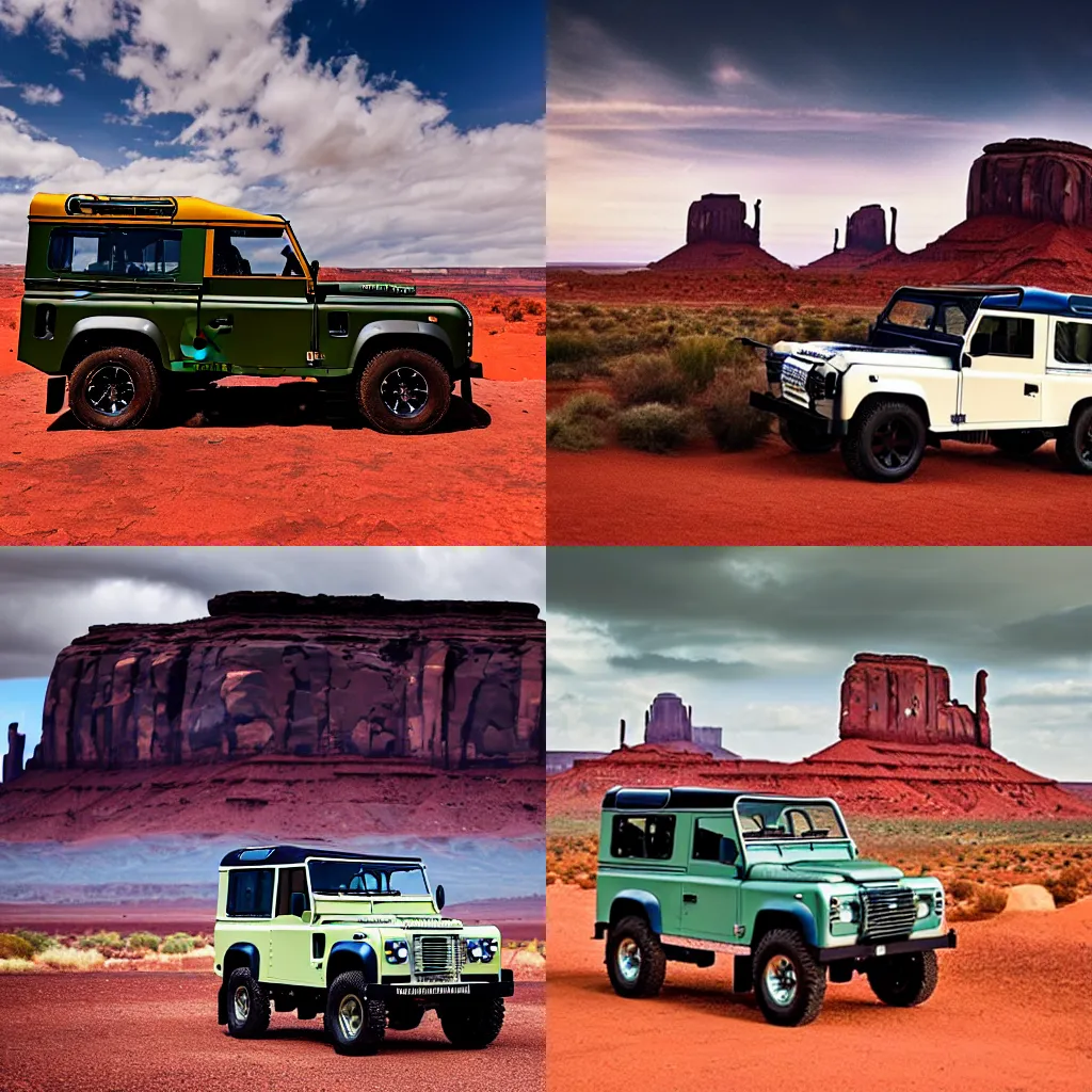 Prompt: A vintage Land Rover Defender in a beautiful vista in Monument Valley, cinematic lighting and sky