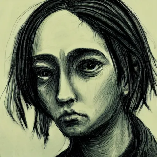 Image similar to thousand yard dead tired stare, a person so tired yet trying to be attentive that their eyes are rolling back slowly, too tired to care anymore, hand on cheek, deeply melancholy and complacent, serious artwork, trending