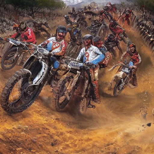 Image similar to erzberg rodeo off road motorcycle race in a dante's inferno, realistic painting art, super detailed, 2 riders are chasing each other