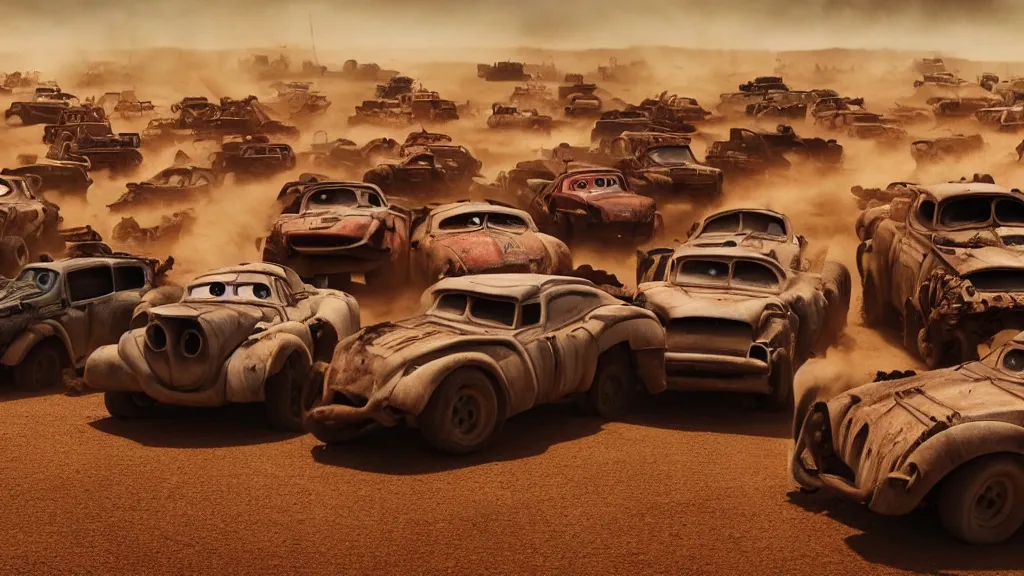 Prompt: pixar cars in mad max fury road, cartoon eyes, explosions, war boys, imax