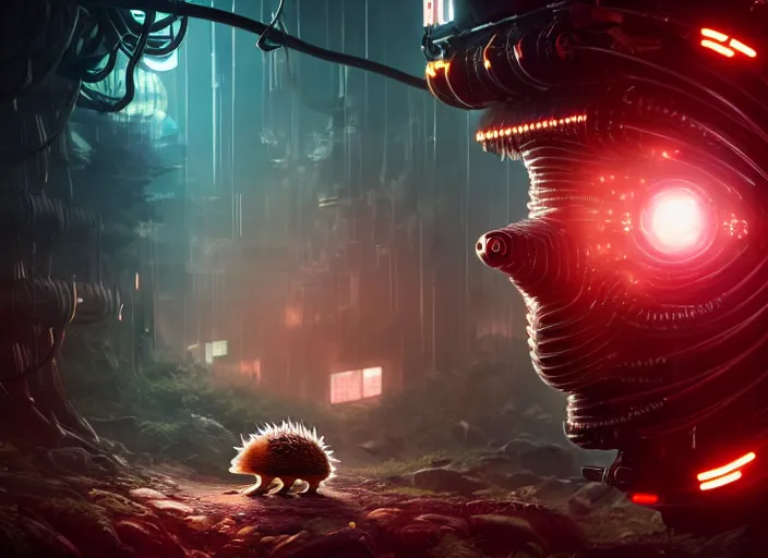 Prompt: portrait of a cyborg hedgehog, on the background of a weird magical mechanical forest. Very detailed 8k. Fantasy cyberpunk horror. Sharp. Cinematic post-processing. Unreal engine. Nanite. Ray tracing. Parallax. Tessellation