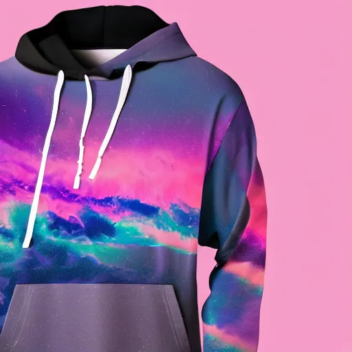 Prompt: product mockup photography of an all over print hoodie in Vaporwave style, 4K high resolution studio photo