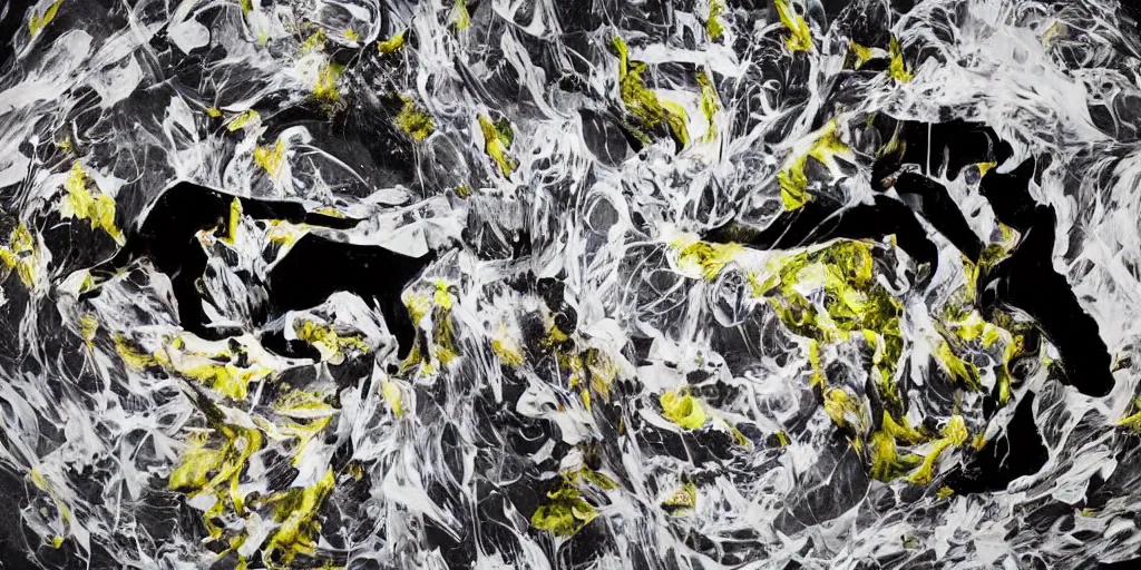 Image similar to abstract composition representing a panther created by a mixture of pistachio ice cream, black marble, dandelions and coca cola being thrown around by centrifugal forces, brilliant museum sculpture, award winning photo, 4k