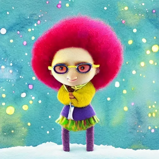 Image similar to a black girl with a colorful afro and big colorful eyes playing in the snow, bright colours, bokeh!! watercolor, volumetric wool felting, macro photography, children illustration, by goro fujita