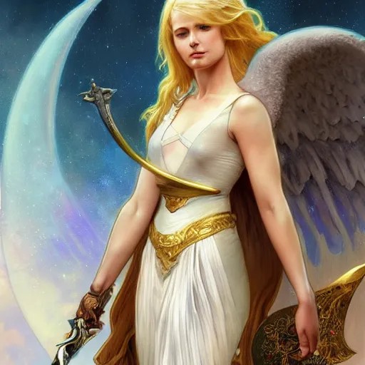 Image similar to A beautiful digital painting of a female angel with blonde hair and a sword in her hand, princess, the moon behind her, D&D, fantasy, intricate, cinematic lighting, highly detailed, digital painting, Artstation, concept art, smooth, sharp focus, illustration, art by Artgerm and Greg Rutkowski, Alphonse Mucha and charlie bowater