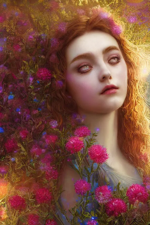 Image similar to elaborately detailed close up portrait of an extremely beautiful girl surrounded by flowers, an eerie mist and ethereal rainbow bubbles, Aetherpunk, high fantasy matte painting, fantasy matte painting movie poster, Art Nouveau, smooth, sharp focus, atmospheric lighting, highly detailed illustration highlights, backlight, golden ratio, 8K detail post-processing, symmetrical facial features, rich deep moody colors, majestic, dark epic fantasy, award winning picture, sense of awe, featured on DeviantArt, trending on cgsociety