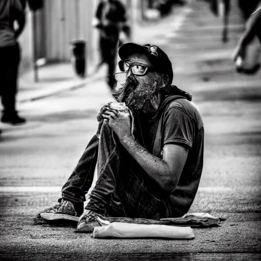 Image similar to candid photo of a real life homeless dirty minion living on the street, bum photography, detailed portrait shot, 35mm, lens, sony a7z, moody, sad, flickr, hyper realistic, real life, 4k, UHD